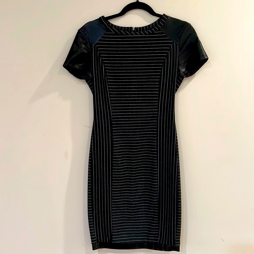 S3SS Woman’s Midi gray tailored dress Size S with leather short  sleeves